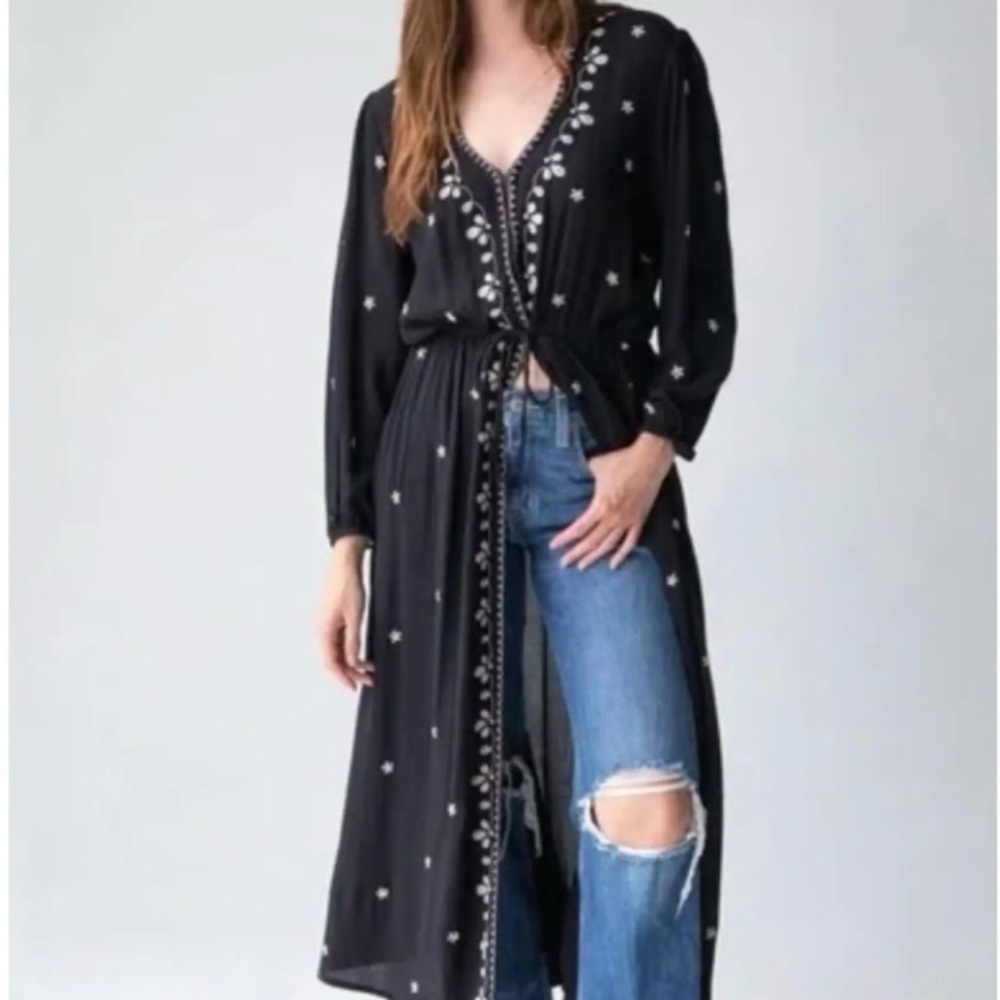 NATURAL LIFE Navy Maxi Dress, Duster, Embroidery, crunchy,